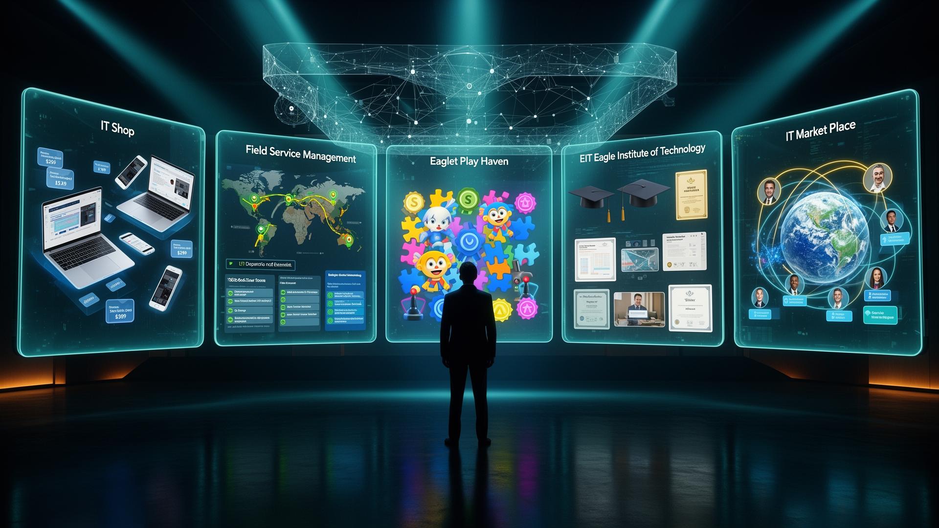 Eagle Tech intelligent control hub showcasing IT Shop, FSM, Eaglet Sky Haven, EIT and IT Market Place modules